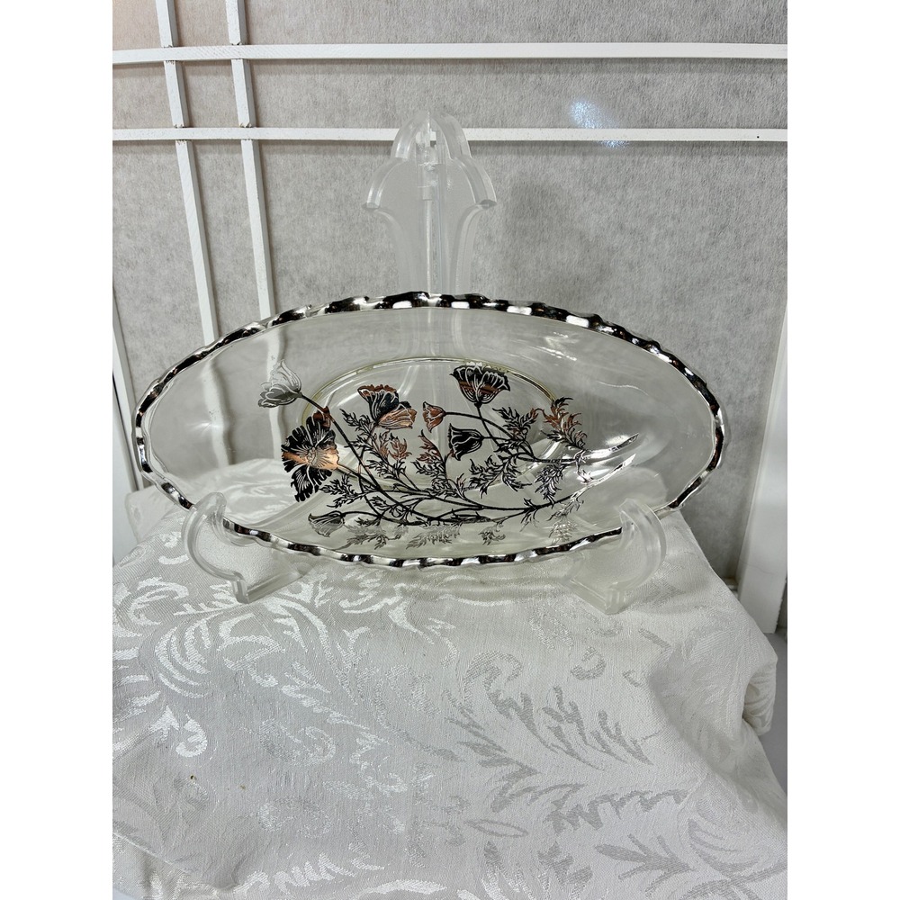 VTG Silver City Glass Flanders Poppy Silver Overlay Relish Scalloped